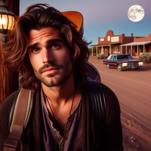 30 year-old man with long wavy brown hair falling across his for...