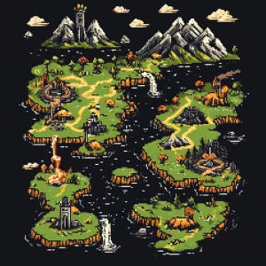 Create a retro-style fantasy map for a pixel art t-shirt design....
