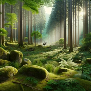 A lone deer standing in a peaceful clearing surrounded by tall t...