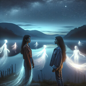 Two girls are standing by the lake at night and souls are flying...