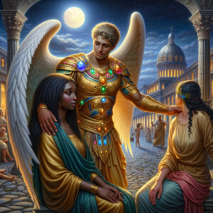 Create an oil painting image featuring a male angel and a grievi...