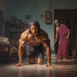 Hyperrealism oil painting  ,a indian  muscular beefy  sweaty man...