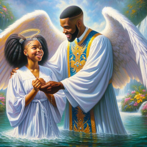 An oil painting depicting a large African-American angel with wi...