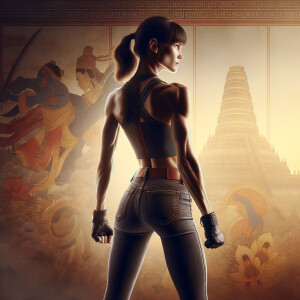 Athletic Thin skinny Attractive, Asian teenage girl, long brown hair and bangs, wearing tight skinny jeans and a halter top paint marks on her clothing, heroic pose Asian graffiti background, backside view