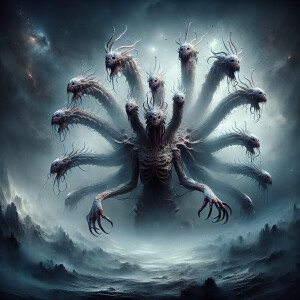 Realistic creature with nine heads, background is misty and spoo...