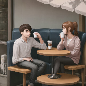 The young couple, drinking coffee