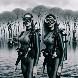 Two girls in scuba gear are standing near the lake and there are...
