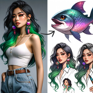 Cute giant purple and neon green piranha