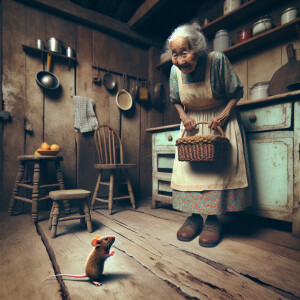 A whimsical look of an elderly woman wearing an apron standing o...