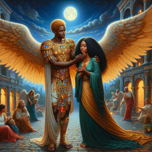 Create an oil painting image featuring a male angel and a grievi...