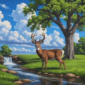 blue skies with white fluffy clouds, on the green grass is a oak...