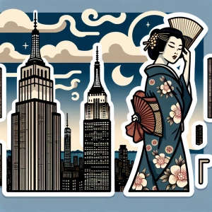 The Liberty Tower depicted at night, its lights glowing softly against a dramatic sky filled with stylized clouds. In the foreground, a woman in a modernized kimono stands gracefully, holding a folding fan, while the distant cityscape shimmers like a painting come to life