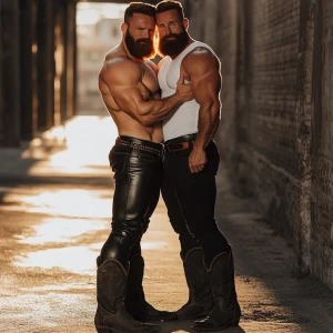 Two Ginger bodybuilders bearded men white tank top black leather...