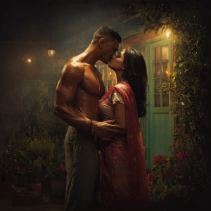a muscular, sweaty Indian man standing in a corner of a garden w...