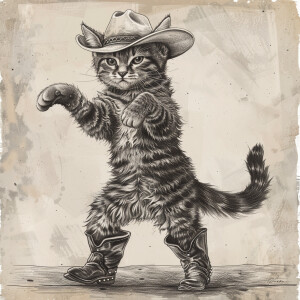 Draw a black and gray tabby cat in a standing position on its hi...