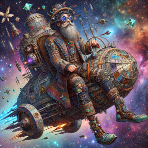 A whimsically timeless galactic nomad, his ancient vessel a patc...