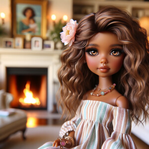 Create an image of a stylized, Latino brown skin doll-like girl...