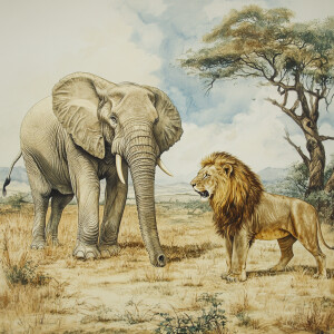 Illustrate an elephant and a lion in a natural savanna setting,...
