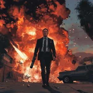 Elon Musk..Elon walking away from an exploding building holding...