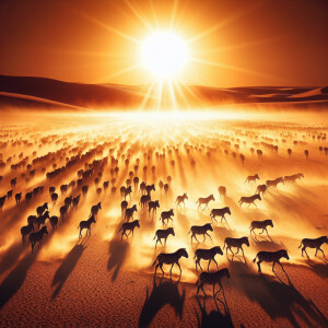 A herd of zebras is making its way through the desert, their dar...
