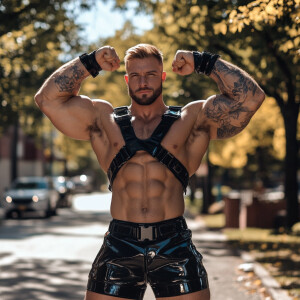 In this image, a muscular man is posing on an outdoor street, fl...