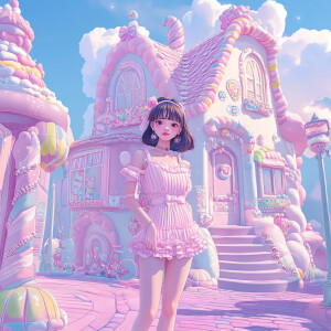 Depict a stylish young woman in trendy attire with a kawaii aest...