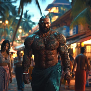 A muscle-bound, tattooed man, appearing as a fearsome criminal f...