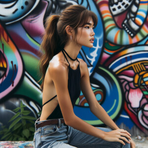 Very thin Athletic Thin skinny Attractive, Asian teenage girl, long brown hair and bangs, wearing tight skinny jeans and a halter top paint marks on her clothing, sitting side view heroic pose Asian graffiti