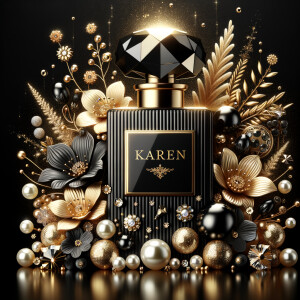 Design a fancy, black and gold bottle of perfume in the shape of a woman’s body. With a golden diamond top, flowers pearls and Diamonds in the name, Karen