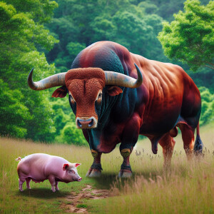 copper bull eats pink pig