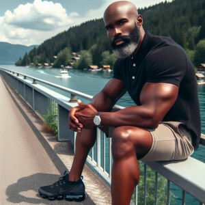 Describe an African-American man in his mid-50s with a sleek, ba...