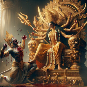 portrait of angry looking tall goddess durga sitting on a gold crown and carrying a weak mahishasur on her lap and stabbing him with her amazingly designed trident. She is wearing gold armor, a huge gold crown, gold saree, abundant  gold jewelry, covered in blood. The scene is set in ancient India. The image is 8K resolution, cinematic, ultra detailed face and epic.