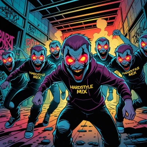 Close-up, comic style illustration of a frightening hardstyle ra...
