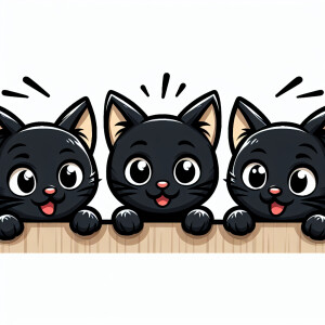 Three cartoon black cat heads peeking over a ledge, each with a...