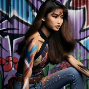 Very thin Athletic Thin skinny Attractive, Asian teenage girl, long brown hair and bangs, wearing tight skinny jeans and a halter top paint marks on her clothing, sitting side view heroic pose Asian graffiti