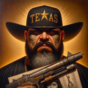 Sinister Mexican American rapper wearing a flat bill cap says "T...