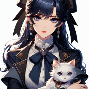 Realistic anime woman with dark blue hair and dark brown eyes. S...