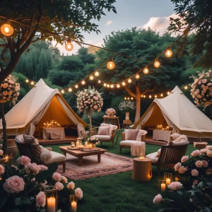 Design a luxurious glamping party setup situated in an enchantin...