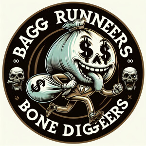 Design a circular logo featuring a cartoon character of a money...