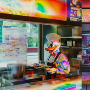 Donald Duck, dressed as a classic waiter, stands behind the coun...