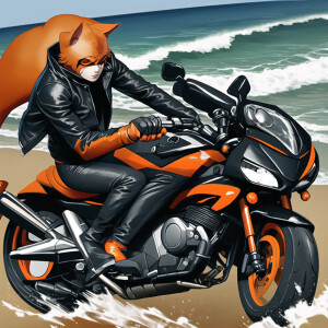 Image/ orange cat with a black jacket riding a motorcycle in the...