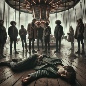 An unconscious boy is sitting on an abandoned carousel. His frie...