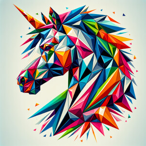 Create an image of a unicorn head composed of geometric prisms,...