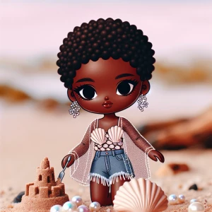 300dpi African accent Caramel-skinned chibi diva in a seashell t...