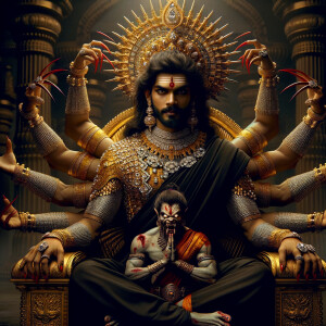 portrait of intense looking, four-armed indian goddess sitting...