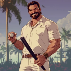 White muscular thin man with beard, big chin, smile and cheekbon...