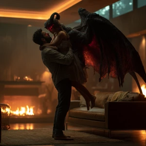 "A regular-sized man gently lifting a small female demon with el...