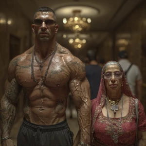 Photorealism,hyperrealismA sweaty beefy man walking with his 54...