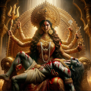 portrait of angry looking goddess durga, sitting on a gold crown and carrying a weak mahishasur on her lap and stabbing him with her amazingly designed trident. She is wearing gold armor, a huge gold crown, red saree, abundant gold jewelry, covered in blood. The scene is set in ancient India. The image is 8K resolution, cinematic, ultra detailed face and epic.