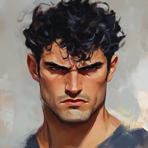 Well done handsome man with black curly hair, short hair, thick...